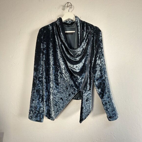 Blank NYC Womens Crushed Velvet Draped Jacket XS Asymmetric Zip Blue Lightweight - Picture 1 of 8
